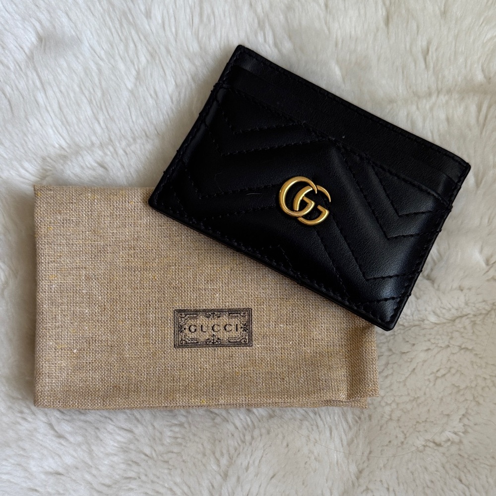 Gucci Black Leather Card Holder with Gold Logo